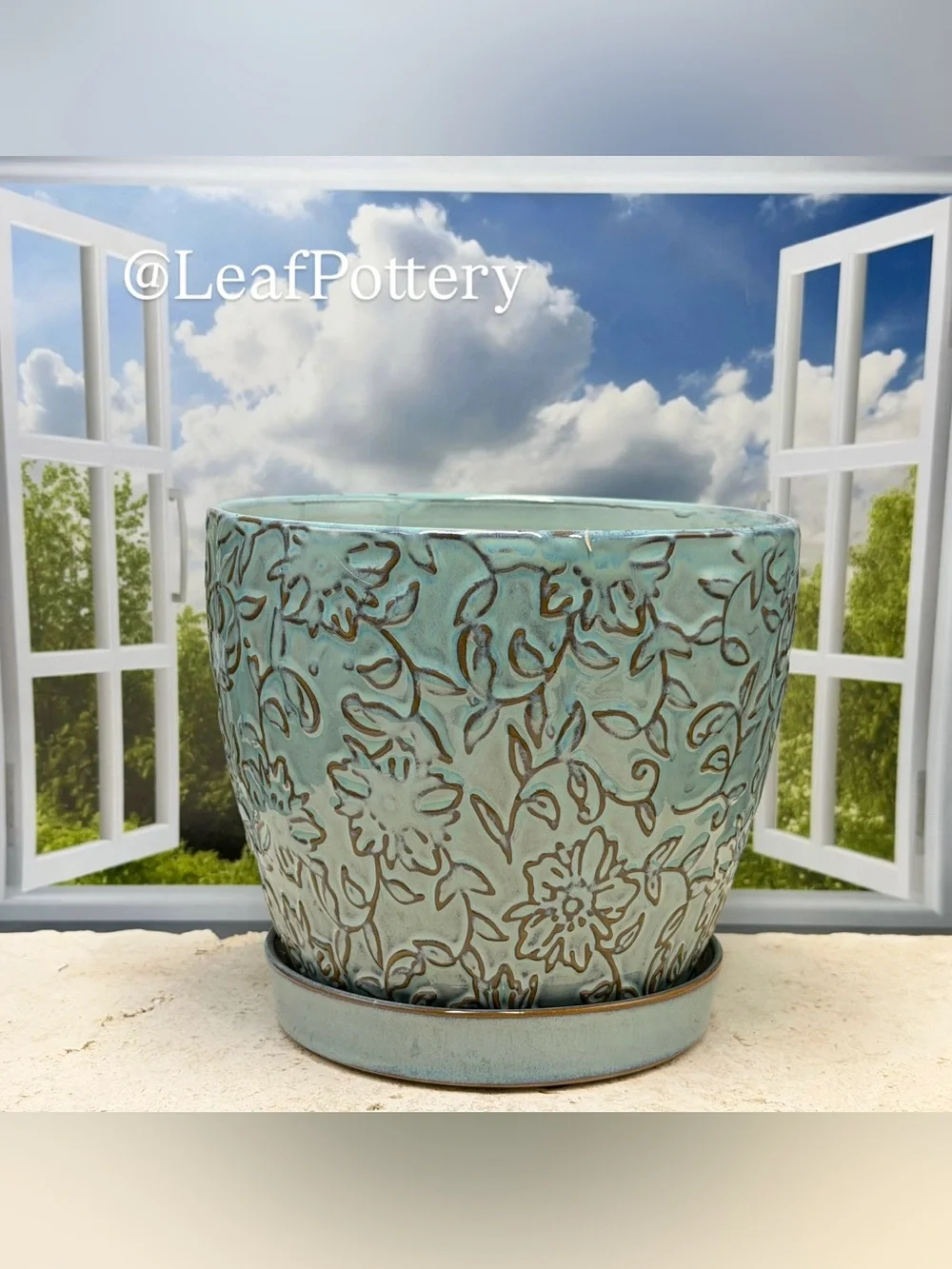 Embossed Floral Ceramic Planter with Saucer & Drainage | 6 Inch Light Blue